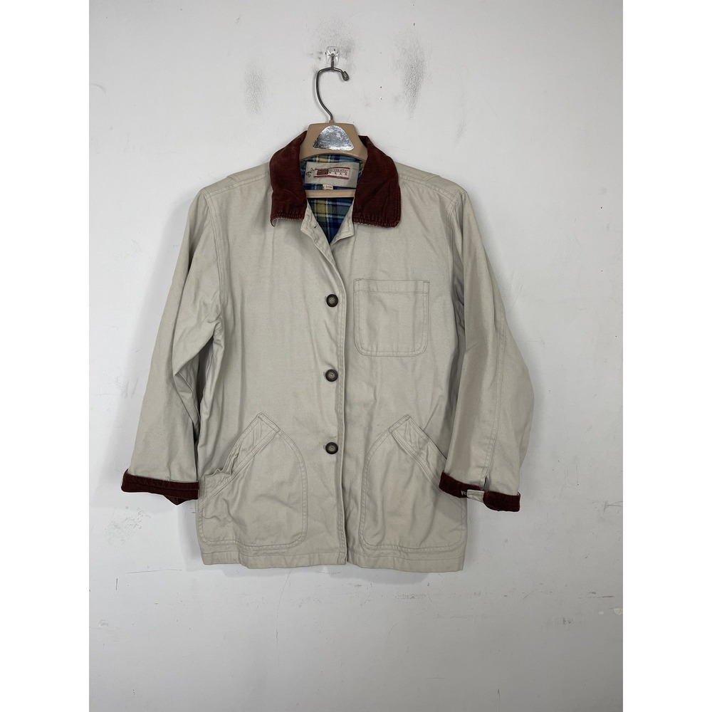 Faded Glory Womens Tan Button Front Field Jacket Red Collar Plaid Lining